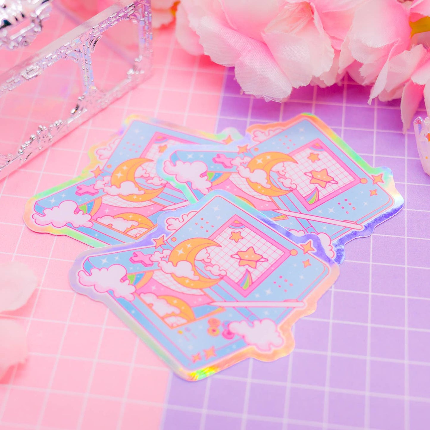 Moon and Stars Retro Console holographic vinyl sticker