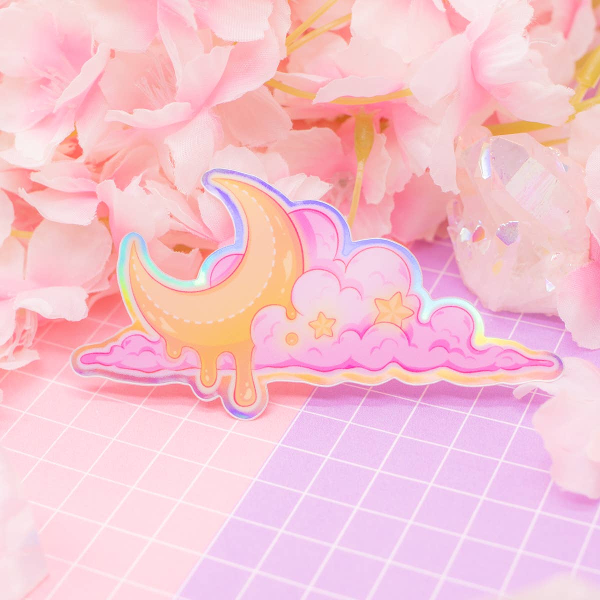 Melting Moon and Pink Cloud holographic vinyl sticker
